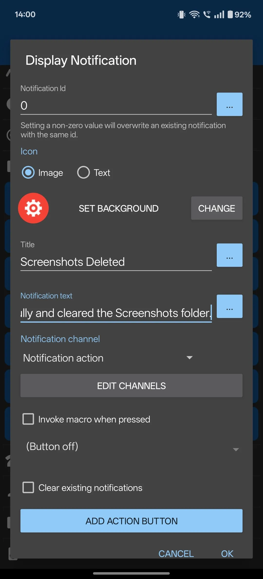 Cài đặt hành động &quot;Display Notification&quot; trong MacroDroid, nhập tiêu đề và nội dung thông báo.