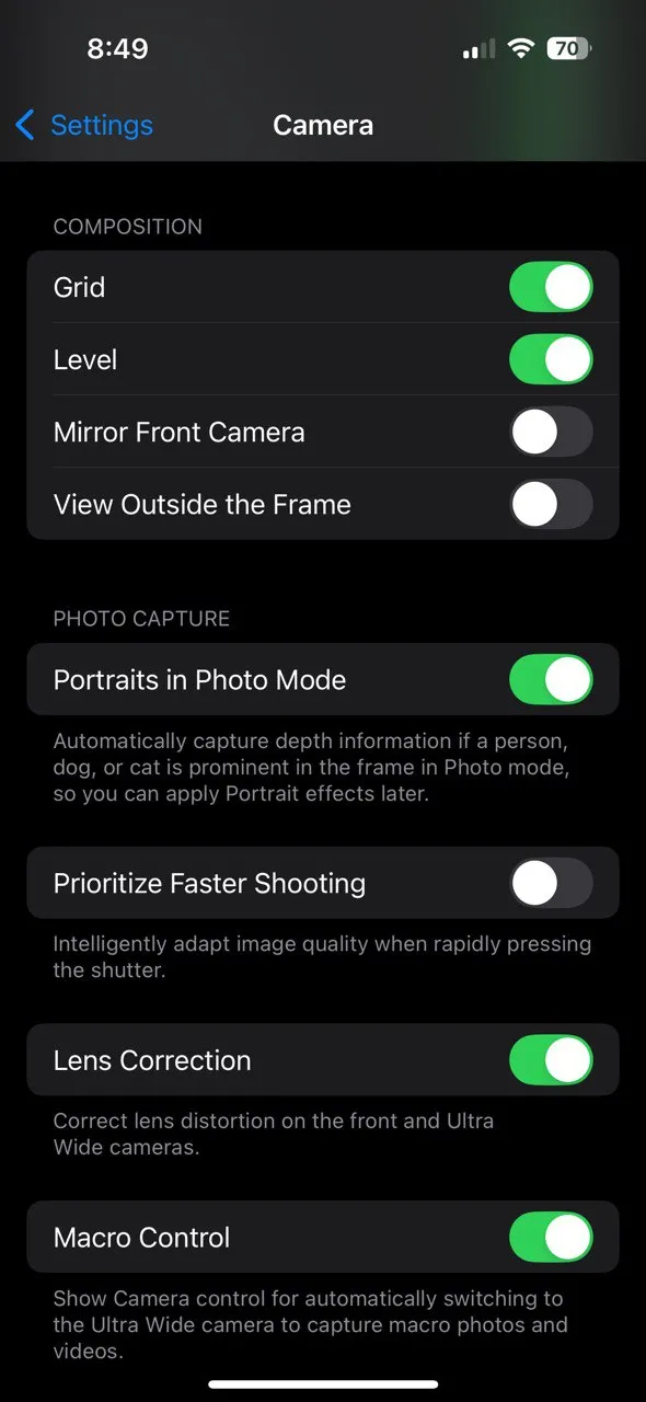 Cài đặt hiển thị lưới Rule of Thirds trong ứng dụng camera trên iOS giúp cải thiện bố cục ảnh