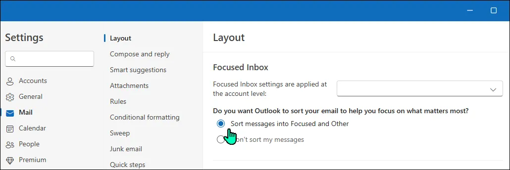 Cài đặt Hộp thư đến ưu tiên (Focused Inbox) đã được bật trong ứng dụng Outlook trên Windows