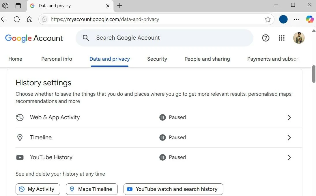Cài đặt lịch sử tài khoản Google trên trình duyệt web, cho phép quản lý dữ liệu