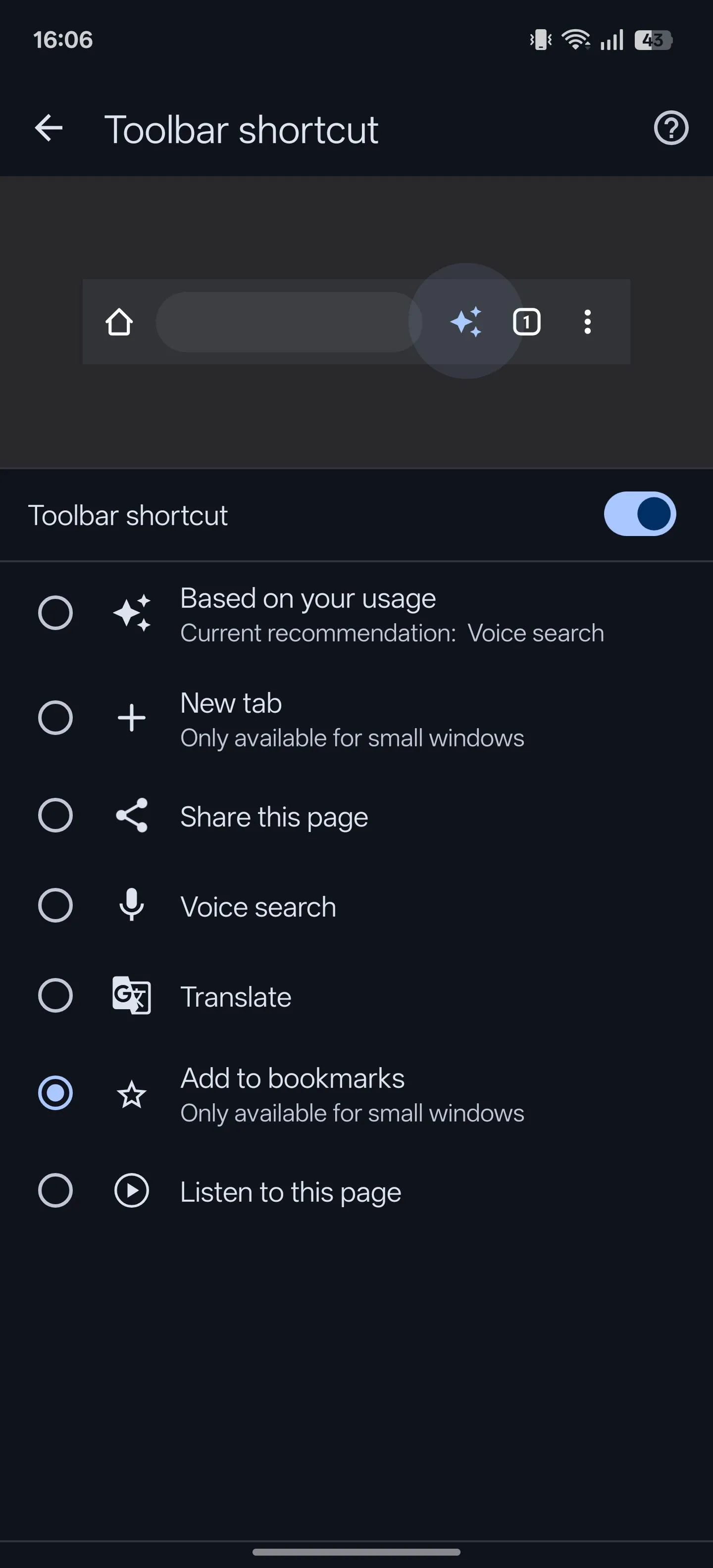 Cài đặt lối tắt thanh công cụ trong Chrome cho Android, cho phép người dùng tùy chỉnh các nút chức năng nhanh trên thanh công cụ.