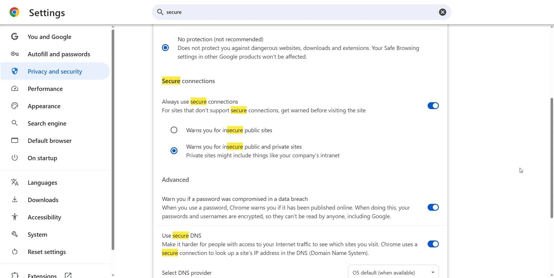 Cài đặt 'Luôn sử dụng kết nối bảo mật' trong trình duyệt Google Chrome, giúp kích hoạt chế độ HTTPS-Only để mã hóa dữ liệu.