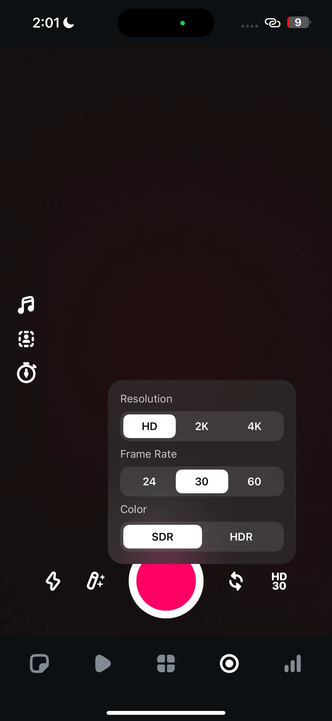 Cài đặt nâng cao của camera trong Edits app, cho phép điều chỉnh độ phân giải, tốc độ khung hình và chế độ màu sắc (SDR/HDR) khi quay video.