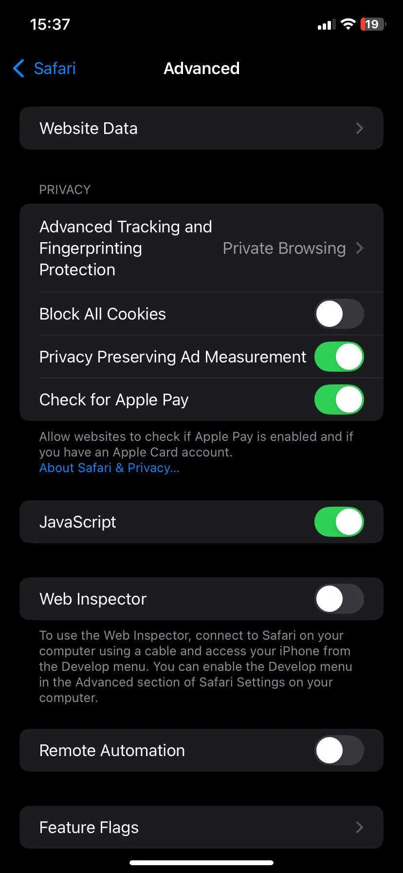Cài đặt nâng cao của Safari trên iPhone, hiển thị tùy chọn dữ liệu trang web