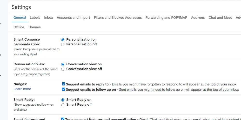 Cài đặt nhắc nhở (nudges) của Gmail