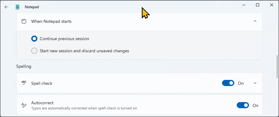 Cài đặt Notepad hiển thị tùy chọn bật hoặc tắt tính năng tự động lưu trên Windows 11