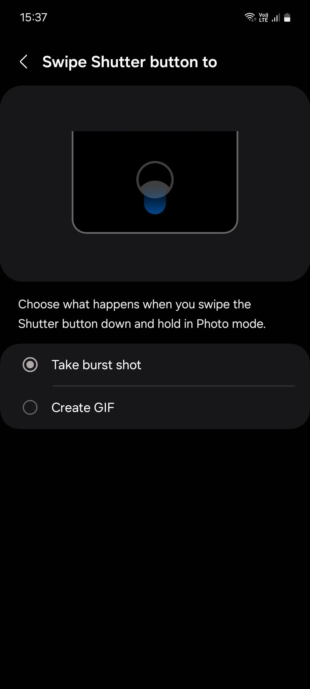 Cài đặt nút chụp trong ứng dụng camera Samsung cho phép thiết lập chụp liên tục (burst shot) để không bỏ lỡ khoảnh khắc.
