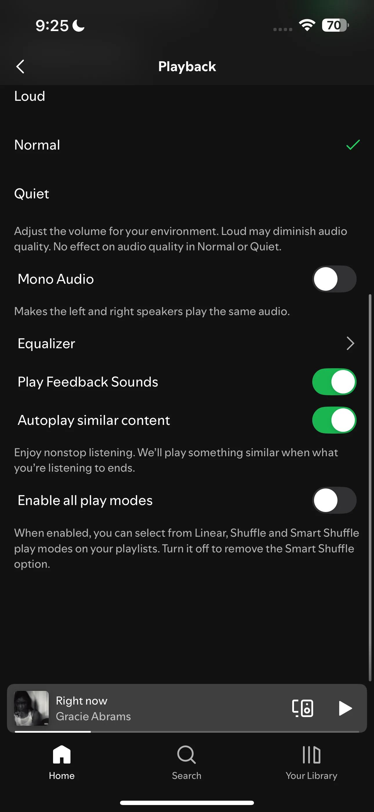 Cài đặt phát lại Spotify trên iPhone, hiển thị tùy chọn bật tắt chế độ phát