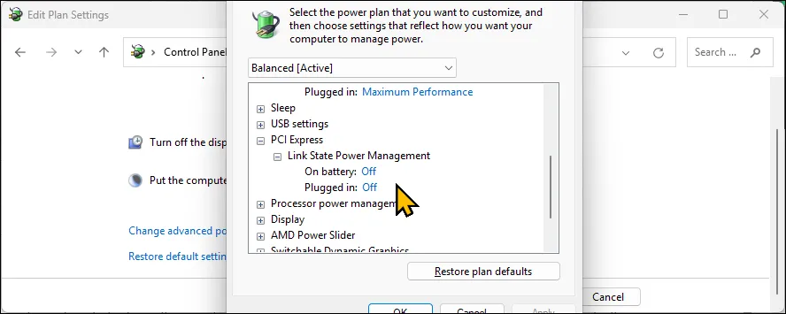 Cài đặt quản lý nguồn trạng thái liên kết PCI Express trong Power Options trên Windows 11