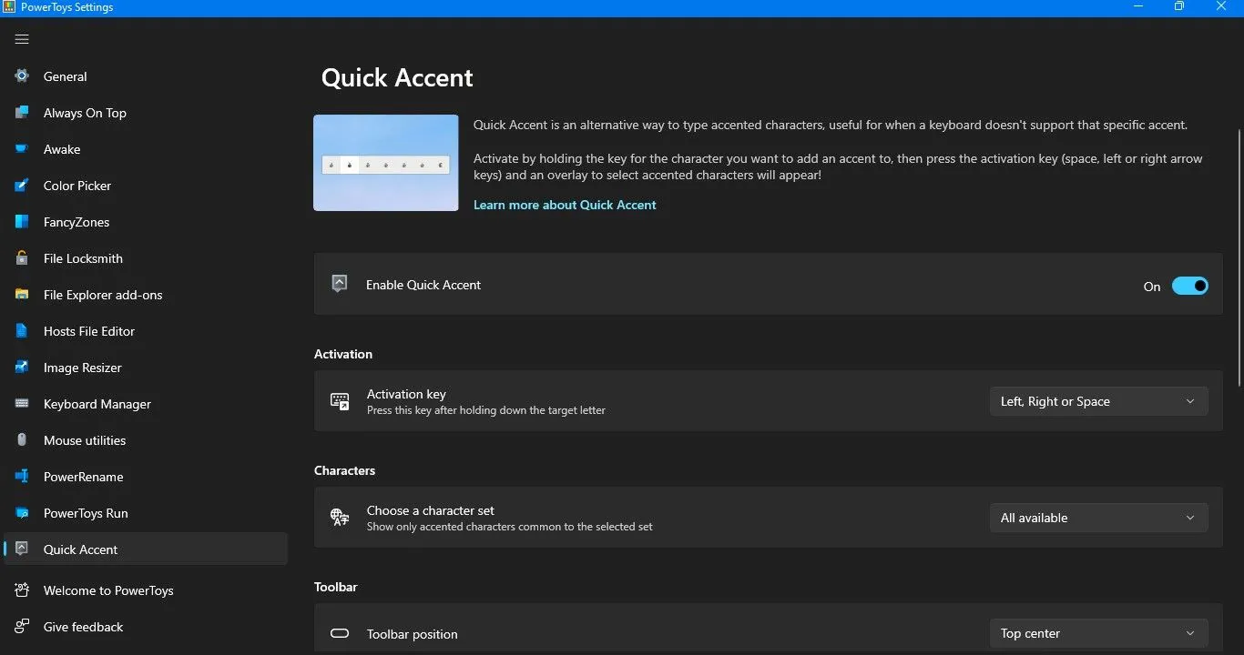 Cài đặt Quick Accent trong PowerToys, cho phép tùy chỉnh các ngôn ngữ và phím tắt.