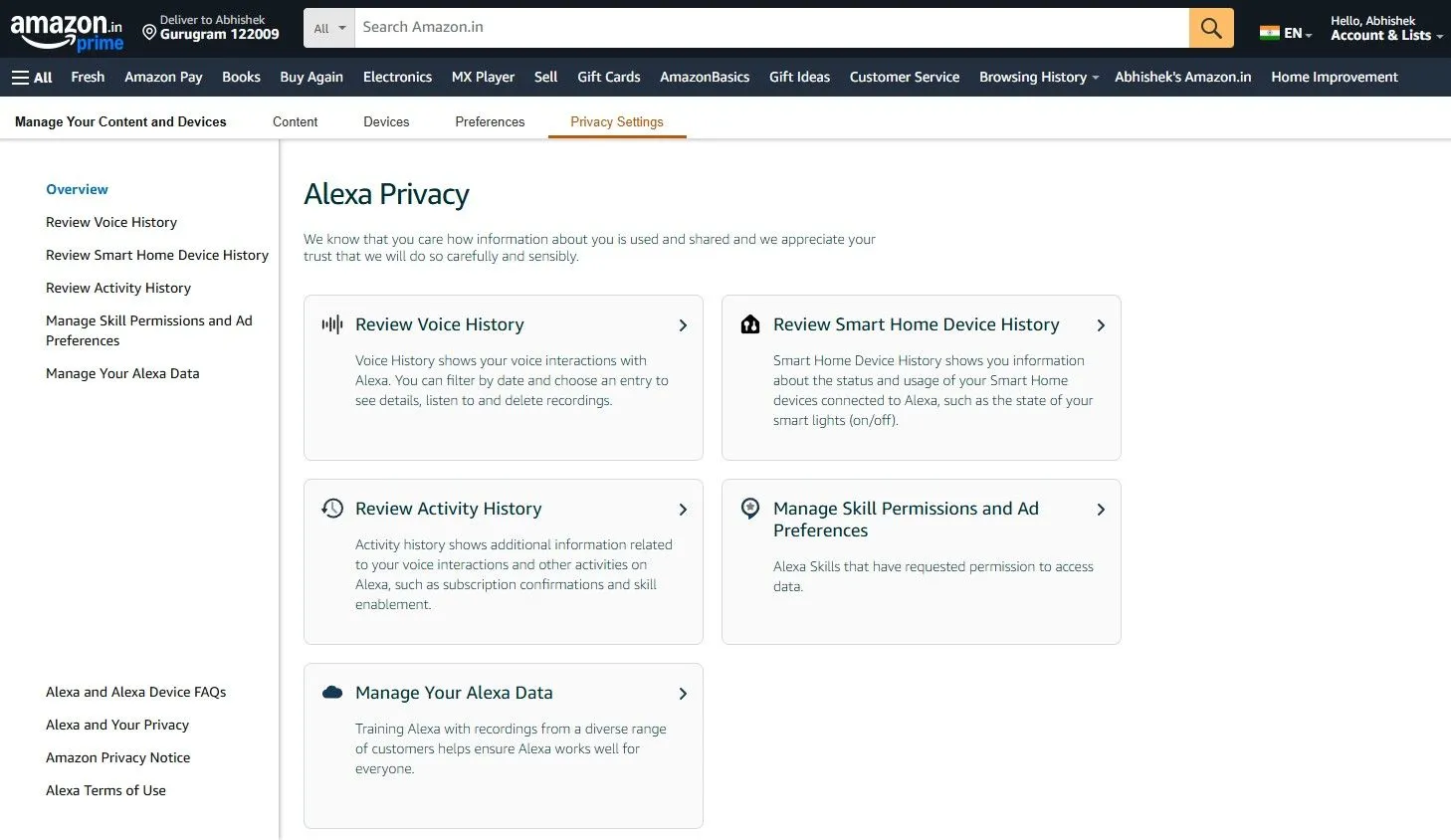 Cài đặt quyền riêng tư Alexa trên trang web Amazon.com hiển thị tùy chọn quản lý dữ liệu giọng nói và lịch sử tương tác của người dùng.