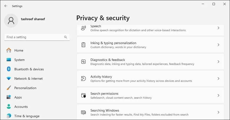 Cài đặt quyền riêng tư và bảo mật trên Windows 11, bao gồm tùy chọn về dữ liệu chẩn đoán và phản hồi người dùng