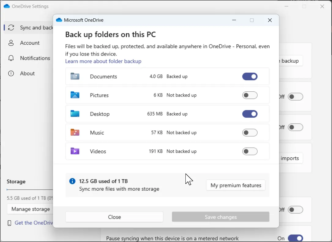 Cài đặt sao lưu thư mục trên Microsoft OneDrive hiển thị tùy chọn đồng bộ và bảo vệ dữ liệu.