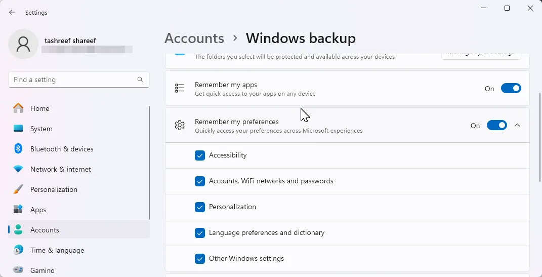 Cài đặt sao lưu Windows 11 cho tài khoản Microsoft