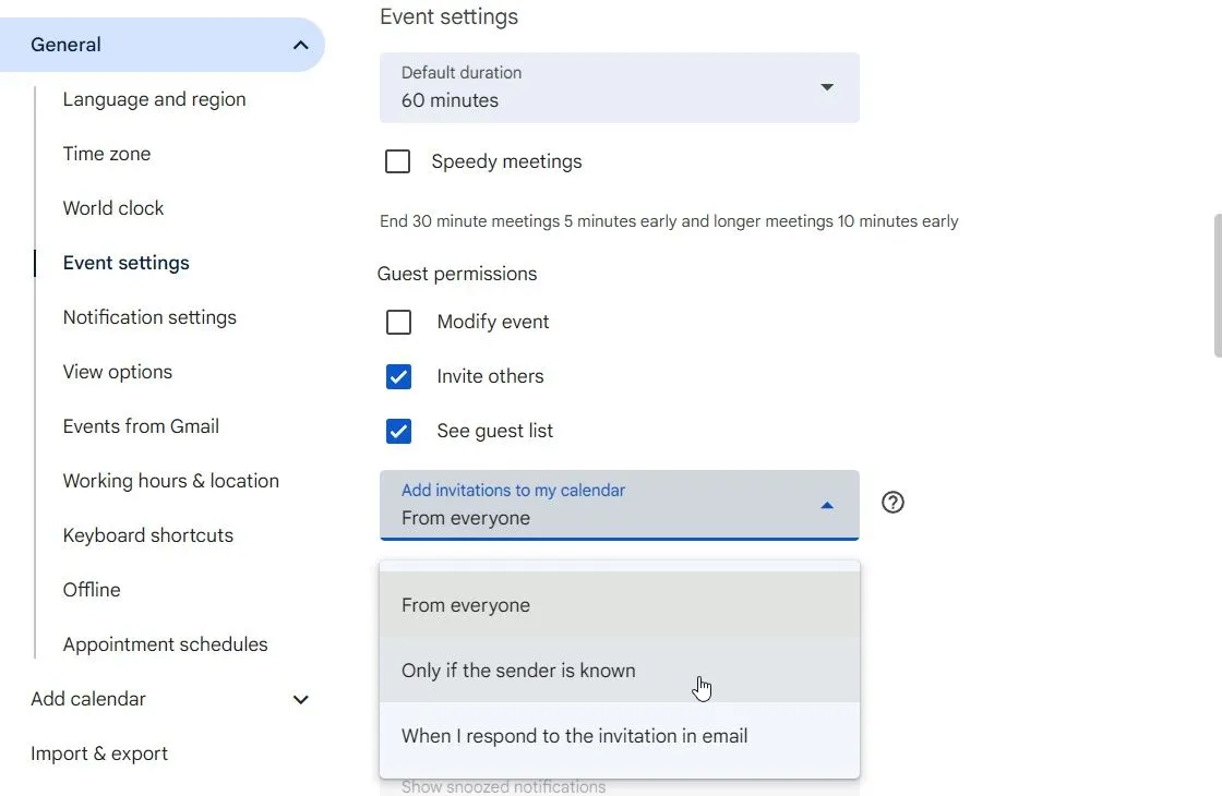 Cài đặt sự kiện Google Calendar, hiển thị tùy chọn chỉ thêm lời mời từ người gửi quen thuộc để tăng cường bảo mật chống lừa đảo.