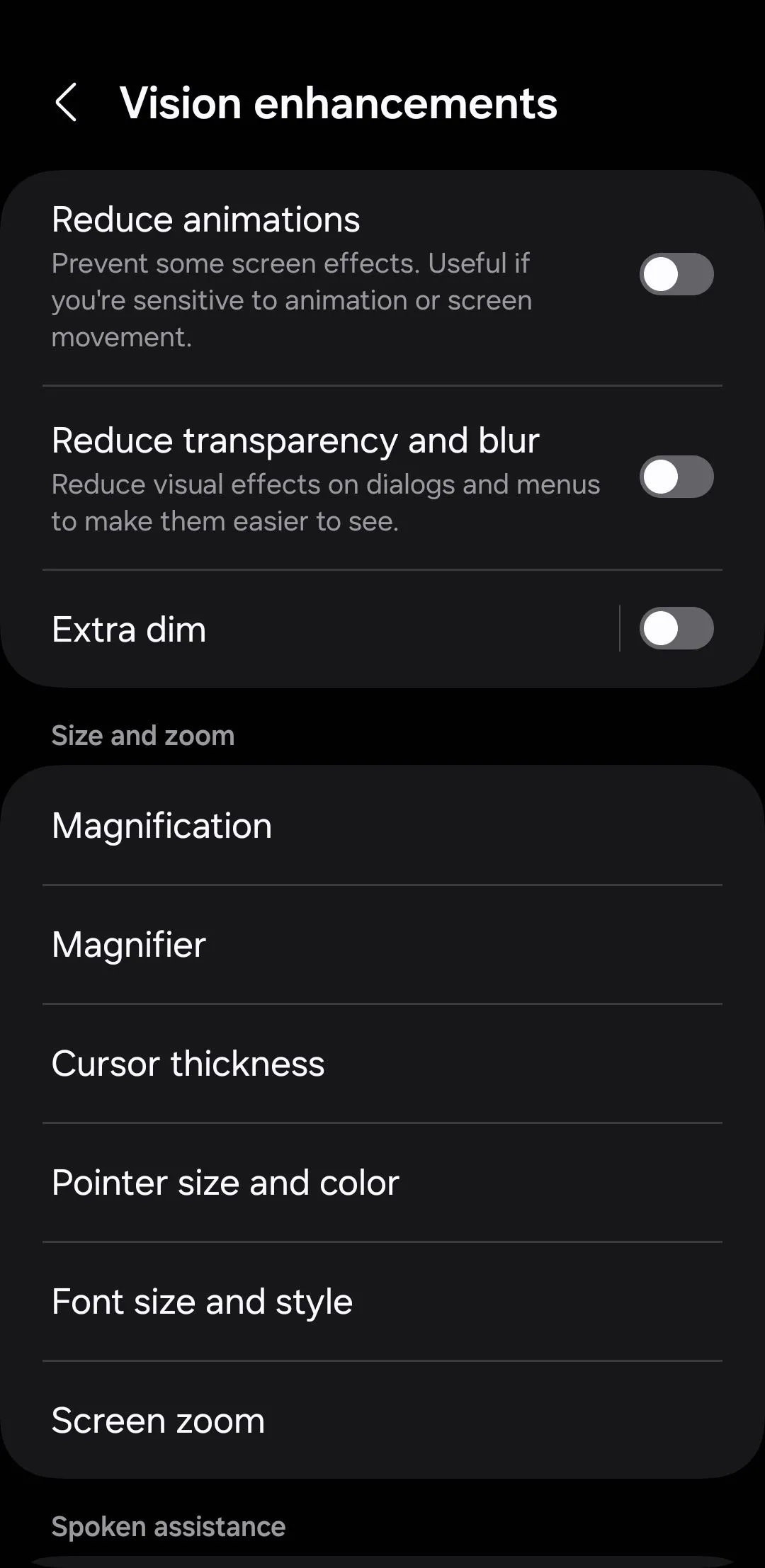 Cài đặt tăng cường hiển thị (Vision Enhancement) với tính năng làm mờ bổ sung trên Android