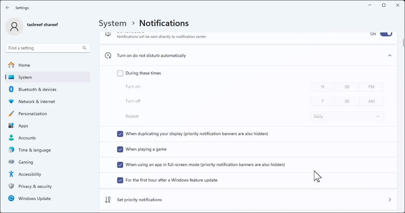 Cài đặt thông báo trên Windows 11, hiển thị tùy chọn cấu hình thông báo ưu tiên cho chế độ Không làm phiền.