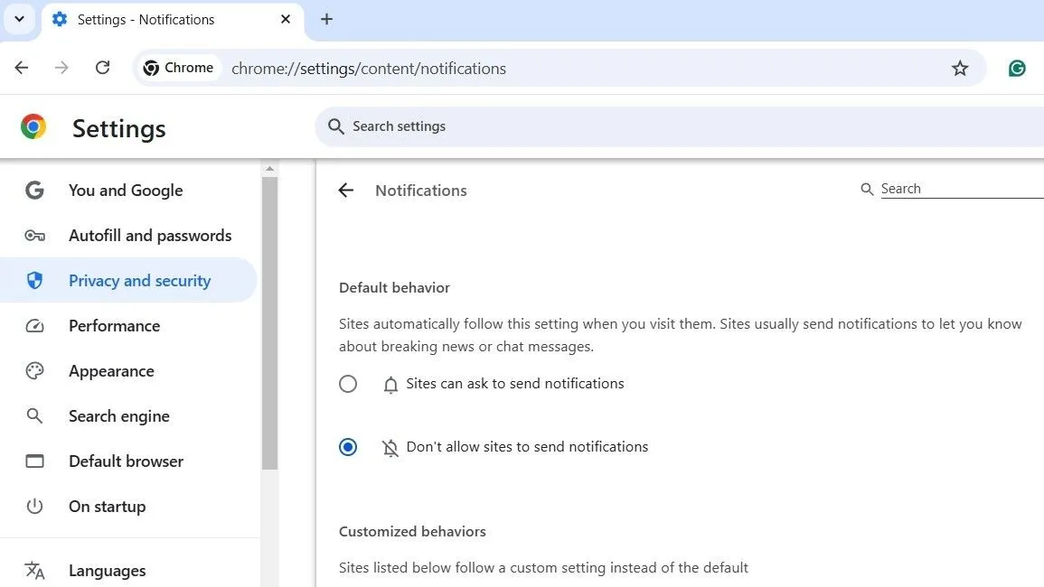 Cài đặt thông báo trình duyệt Google Chrome, chọn không cho phép trang web gửi thông báo.
