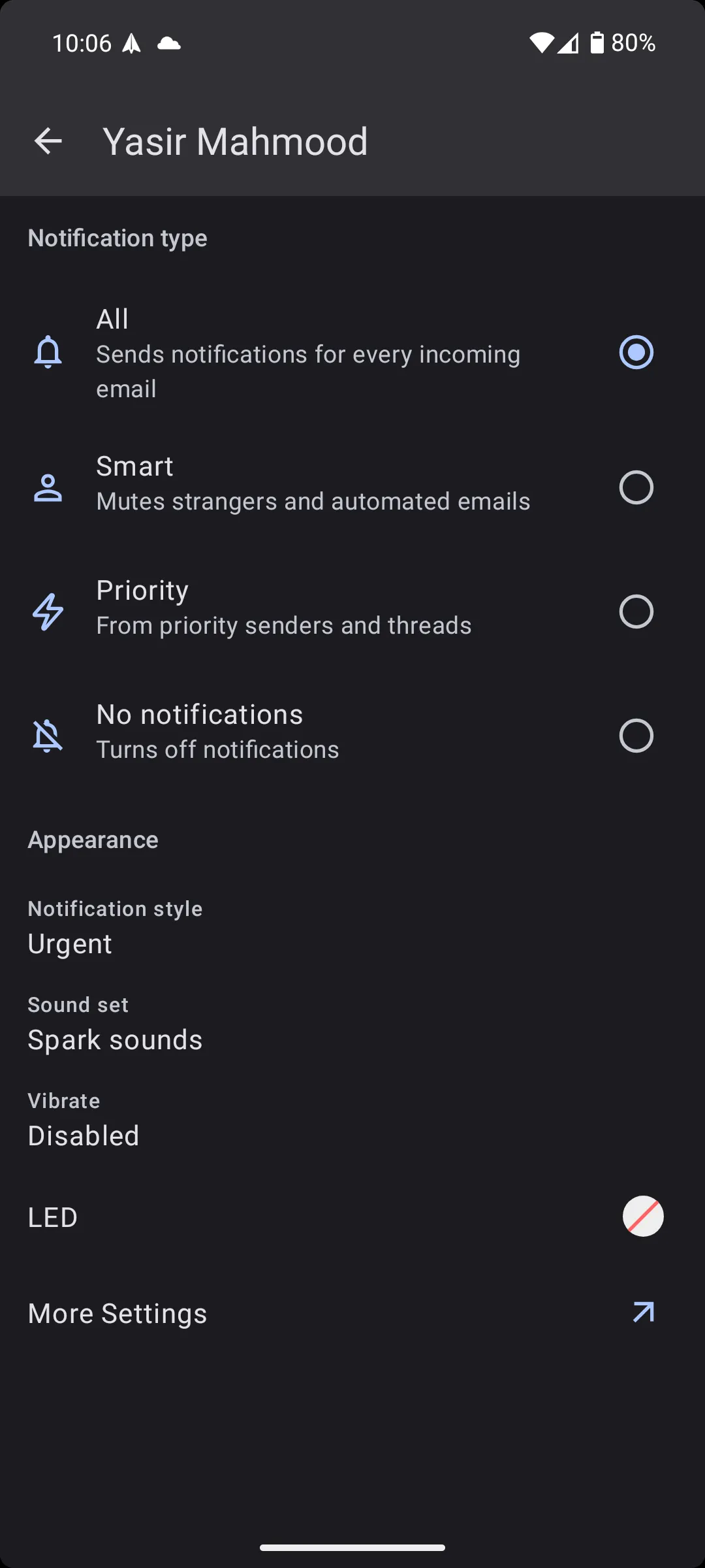 Cài đặt thông báo trong ứng dụng Spark Mail Android