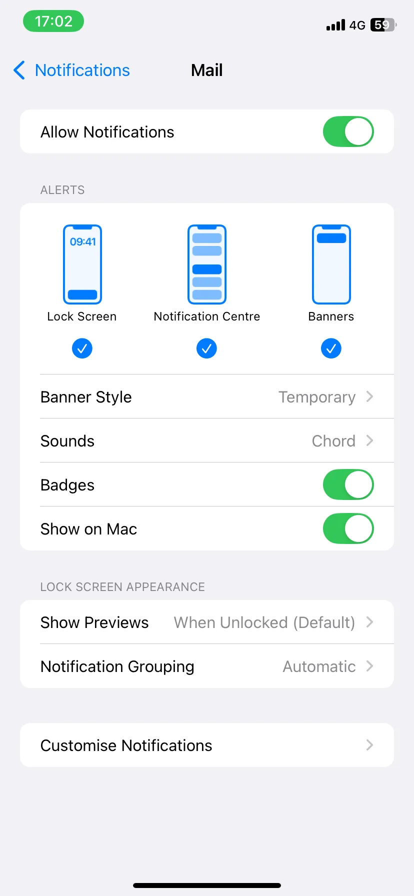 Cài đặt thông báo ứng dụng Mail trên iPhone, bao gồm tùy chọn Cho phép thông báo.