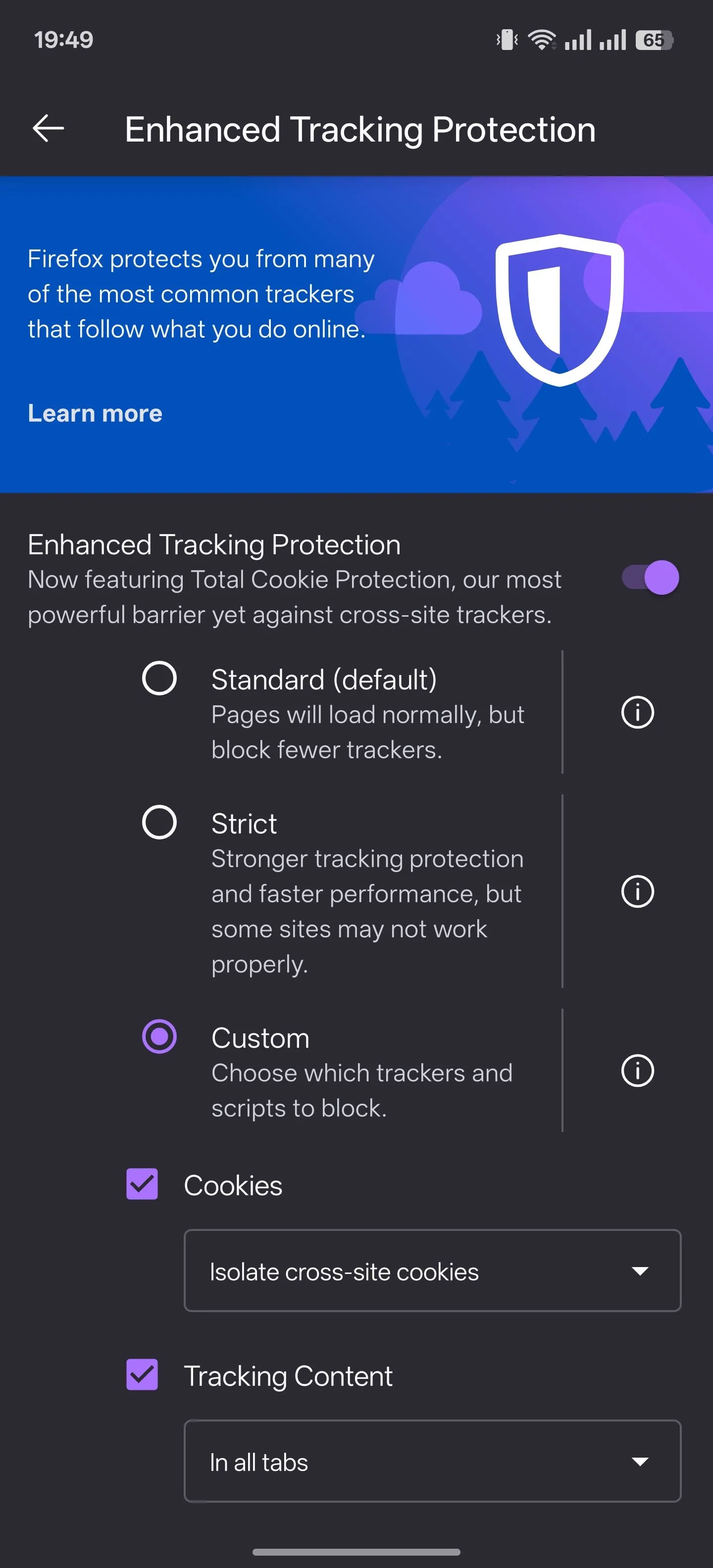 Cài đặt tính năng Bảo vệ Chống Theo dõi Nâng cao trên trình duyệt Firefox cho Android.