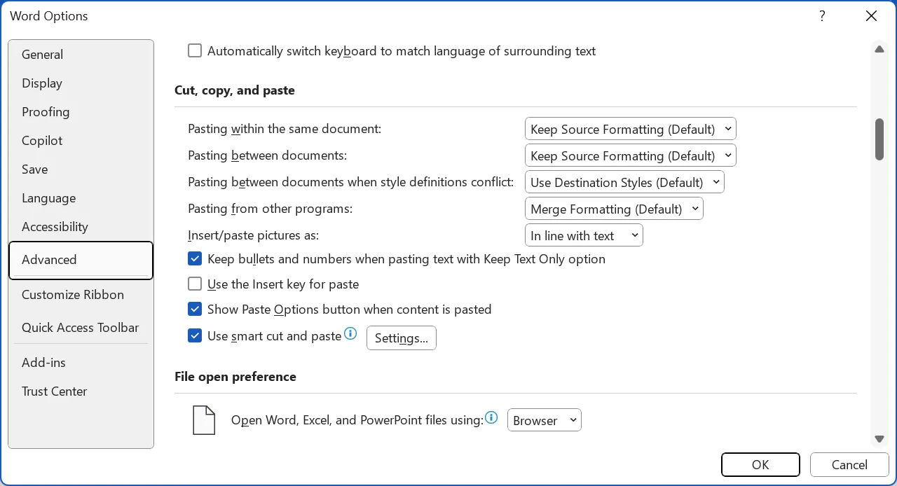 Cài đặt tùy chọn dán mặc định trong Word qua File Options Advanced