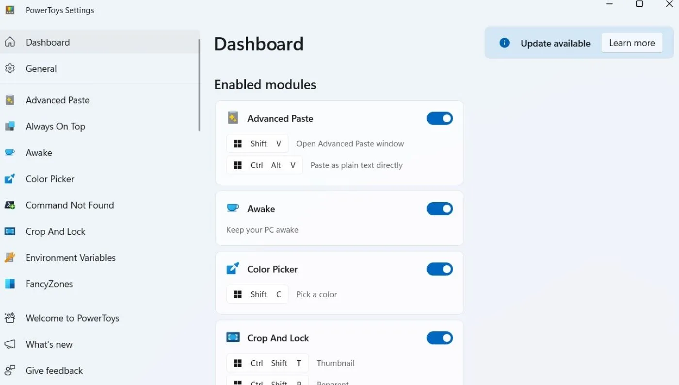 Cài đặt ứng dụng PowerToys của Microsoft trên Windows, hiển thị danh sách các tiện ích năng suất có sẵn để tối ưu hóa.