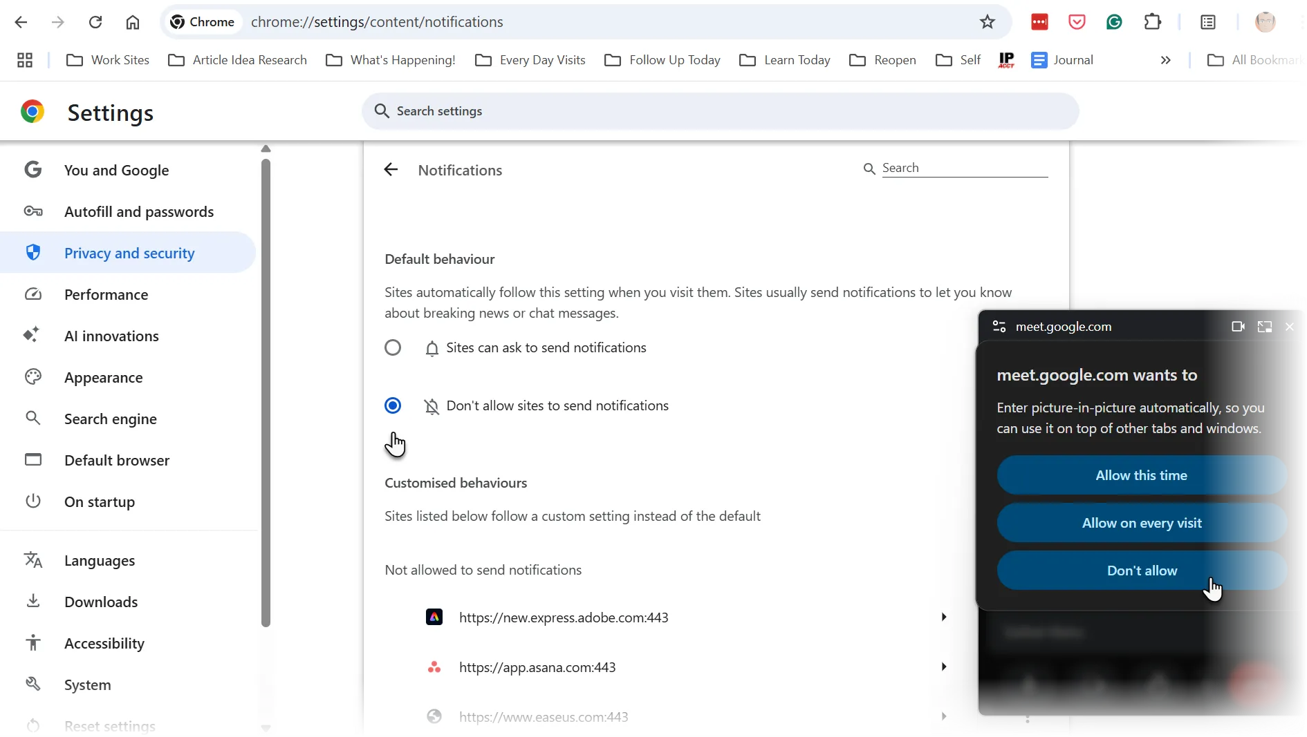 Cài đặt vô hiệu hóa thông báo trình duyệt Google Chrome, giúp loại bỏ sao nhãng khi thực hiện đơn nhiệm hoặc tham gia cuộc họp trực tuyến.
