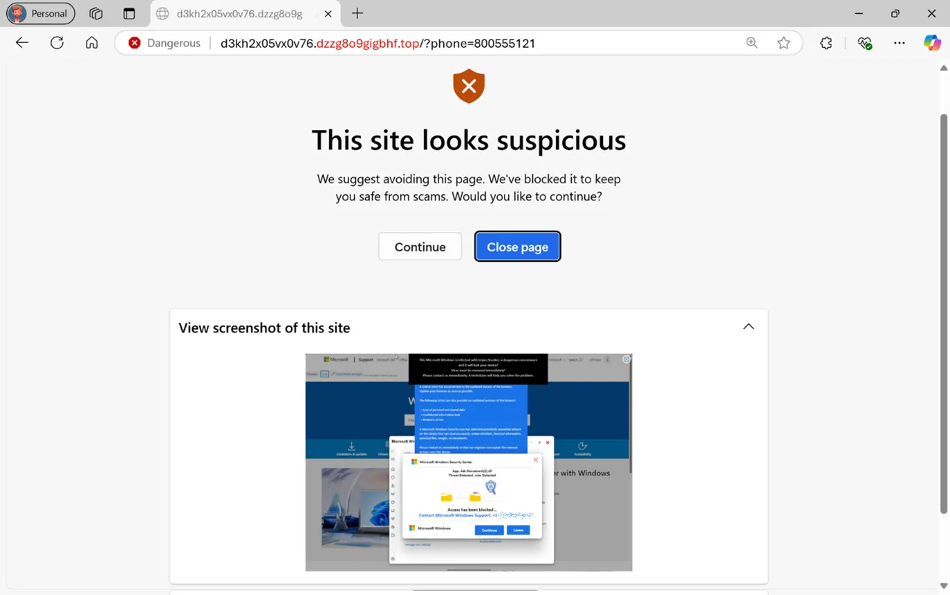 Cảnh báo chống scareware của Microsoft Edge khi phát hiện trang web đáng ngờ, cung cấp tùy chọn đóng trang hoặc tiếp tục duyệt.