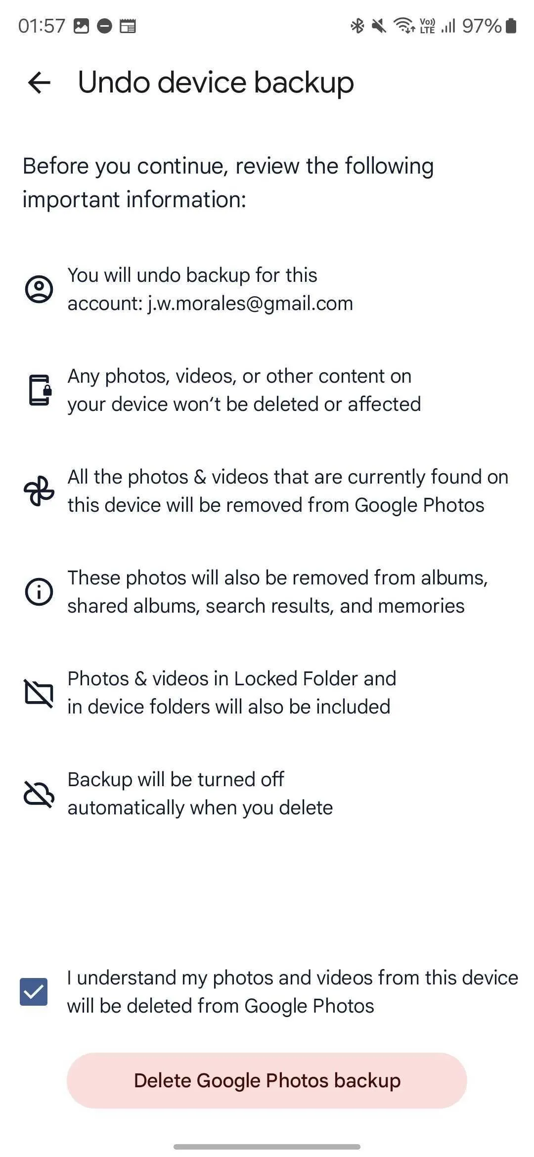 Cảnh báo quan trọng từ Google Photos trước khi xóa ảnh đã sao lưu, yêu cầu xác nhận rằng ảnh sẽ chỉ còn trên thiết bị.