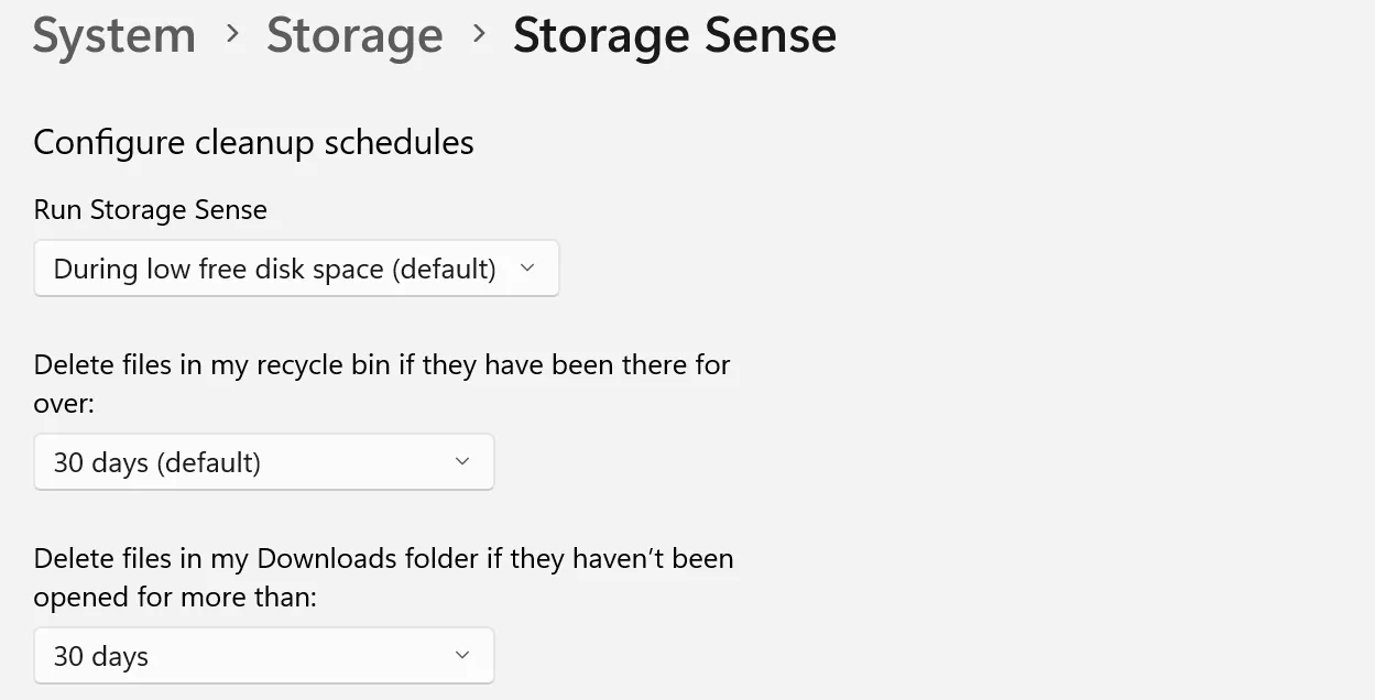 Cấu hình lịch trình dọn dẹp tự động cho Storage Sense trong cài đặt Windows