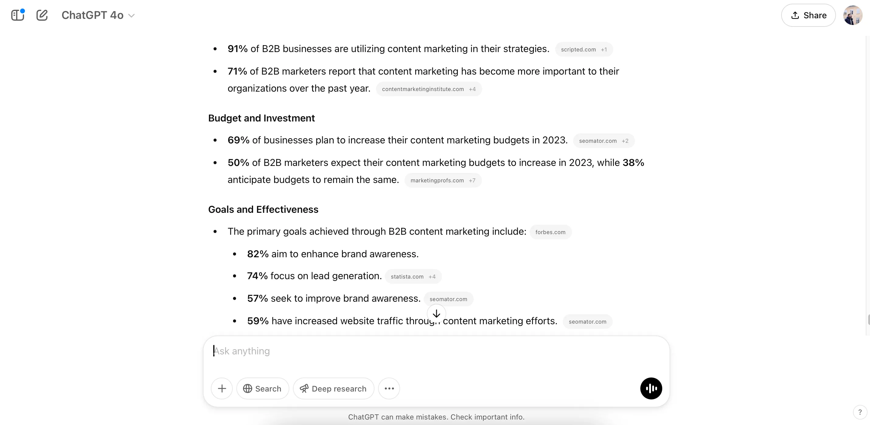 ChatGPT Deep Research hiển thị danh sách thống kê marketing nội dung cập nhật