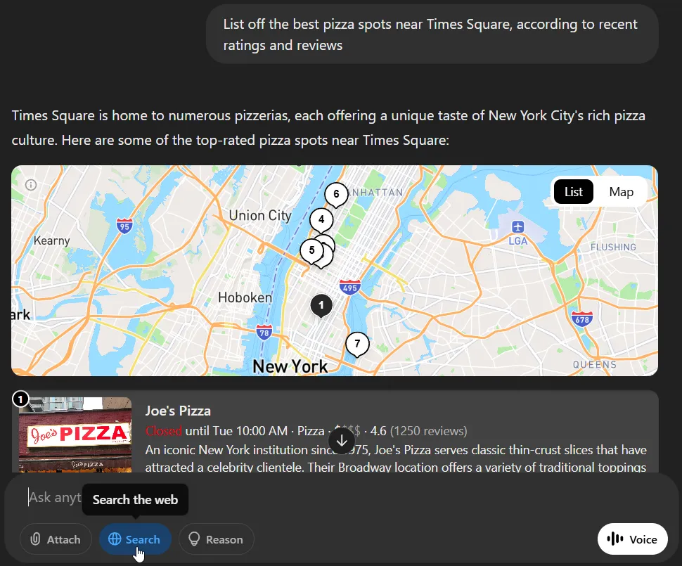 ChatGPT Search hiển thị danh sách các quán pizza ngon gần Times Square, New York.