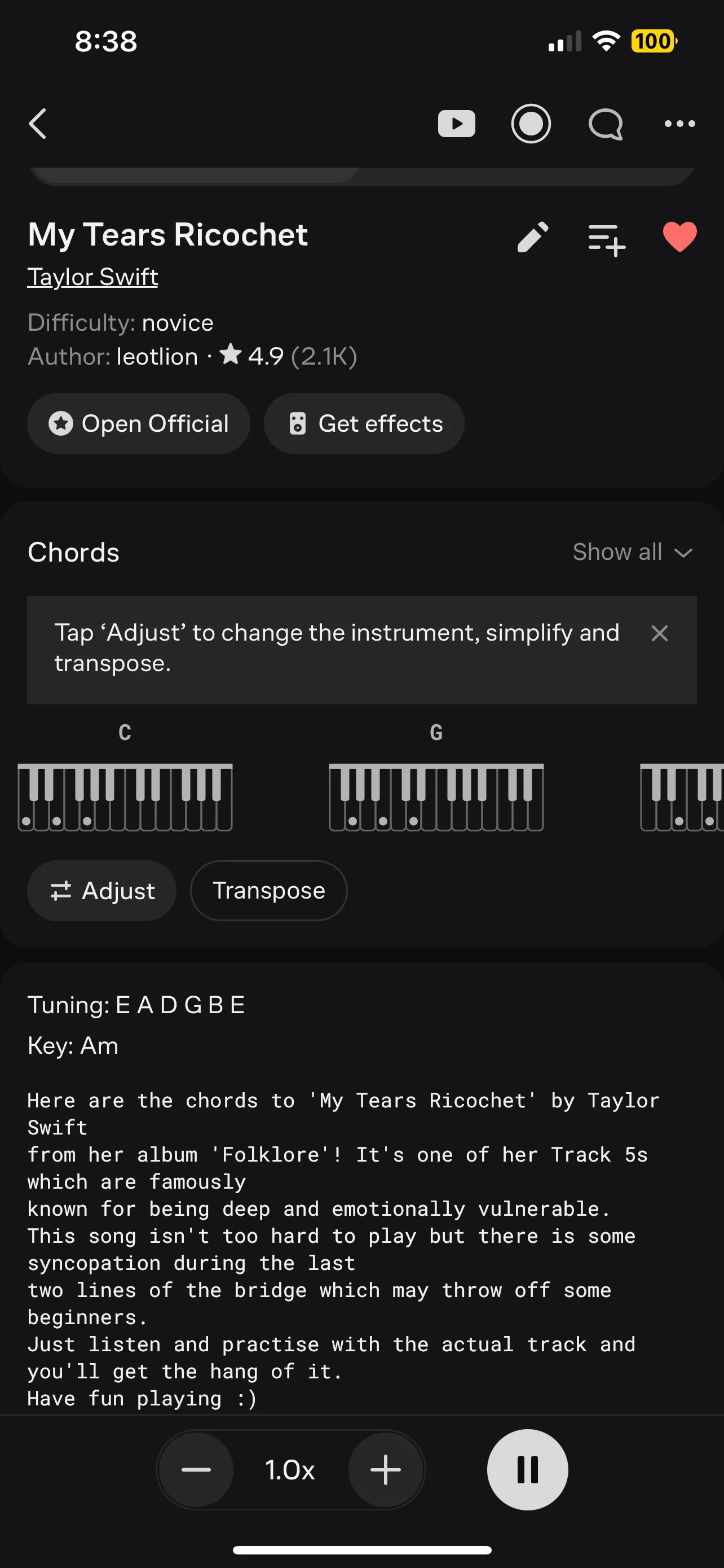 Chế độ cuộn tự động trên ứng dụng Ultimate Guitar giúp người chơi dễ dàng theo dõi tab khi luyện tập.