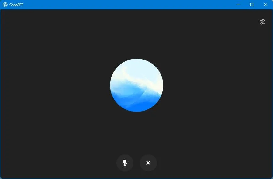 Chế độ giọng nói trên ứng dụng ChatGPT Windows hiển thị vòng tròn nhấp nháy, thể hiện quá trình nghe và phản hồi.