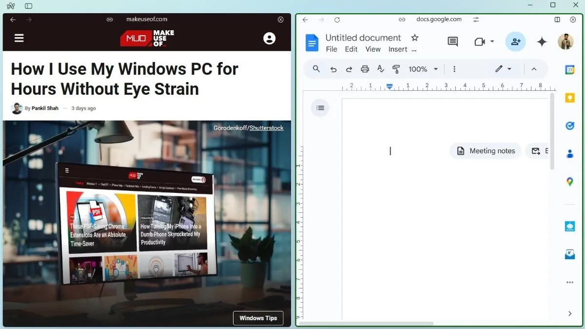 Chế độ Split View của Arc Browser hiển thị đồng thời hai trang web: MakeUseOf và Google Docs, tối ưu cho đa nhiệm
