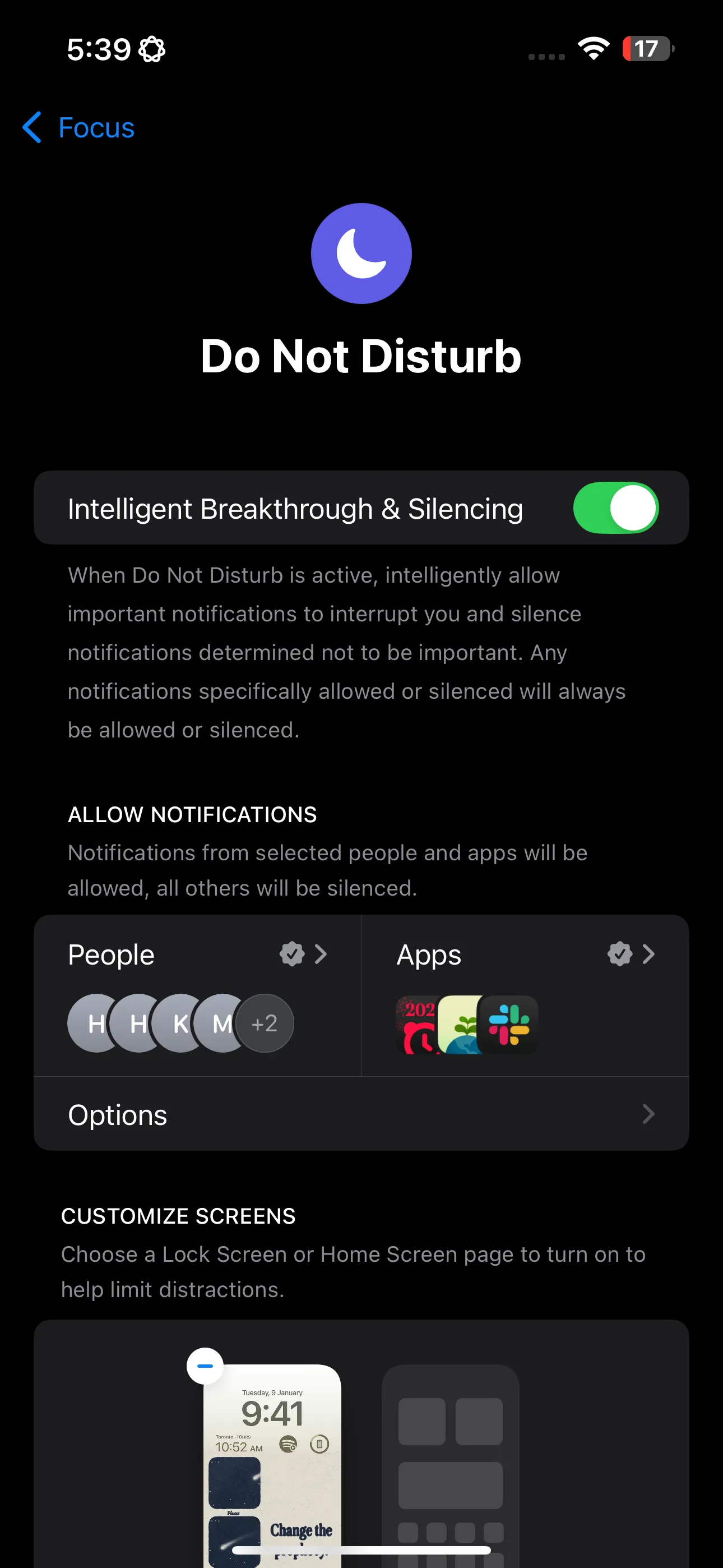 Chế độ Tập trung Không Làm Phiền (Do Not Disturb) trên iPhone, minh họa khả năng kích hoạt tính năng Intelligence Breakthrough &amp; Silencing cho các chế độ hiện có.