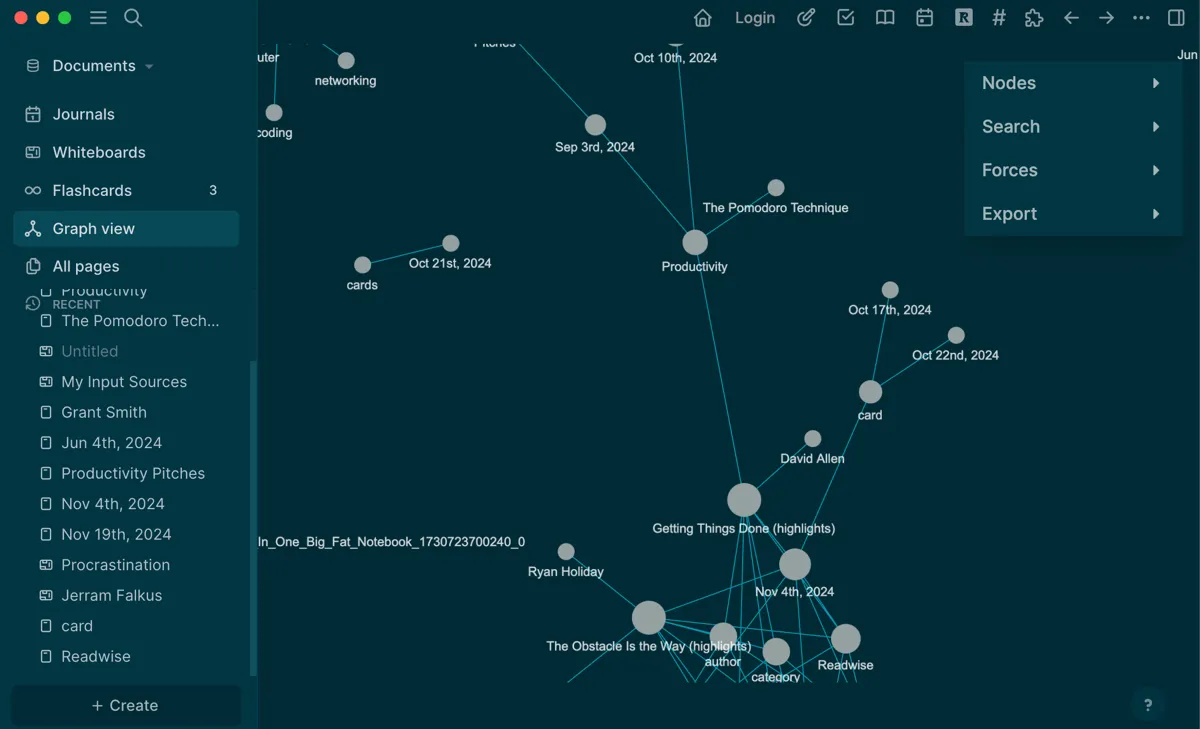 Chế độ xem đồ thị (Graph View) trong Logseq, hiển thị mạng lưới các ghi chú liên kết với từ khóa 'Productivity', giúp người dùng hình dung các mối quan hệ giữa các ý tưởng.