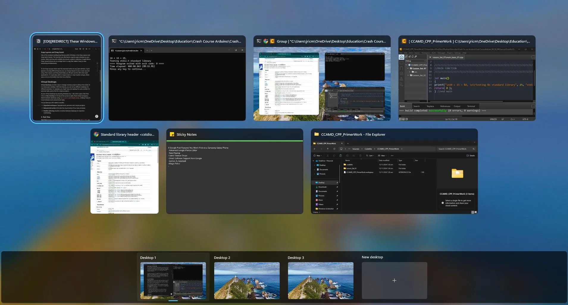 Chế độ xem tác vụ (Task View) trên Windows hiển thị tất cả ứng dụng đang mở và các màn hình ảo.