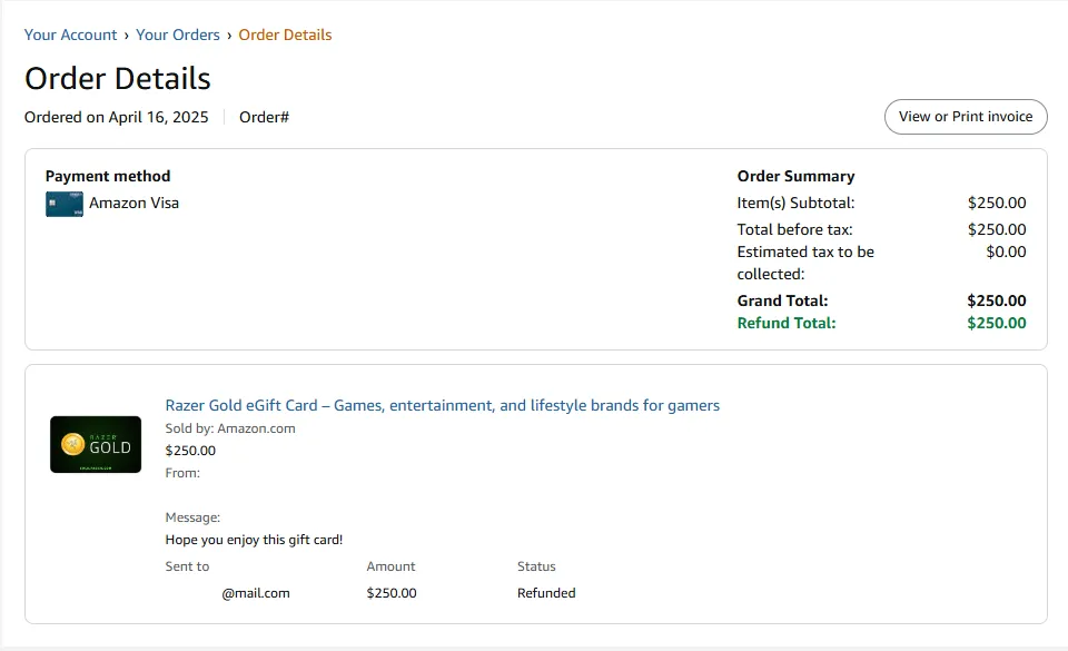 Chi tiết đơn hàng thẻ quà tặng Razer Gold bị mua lừa đảo trên tài khoản Amazon