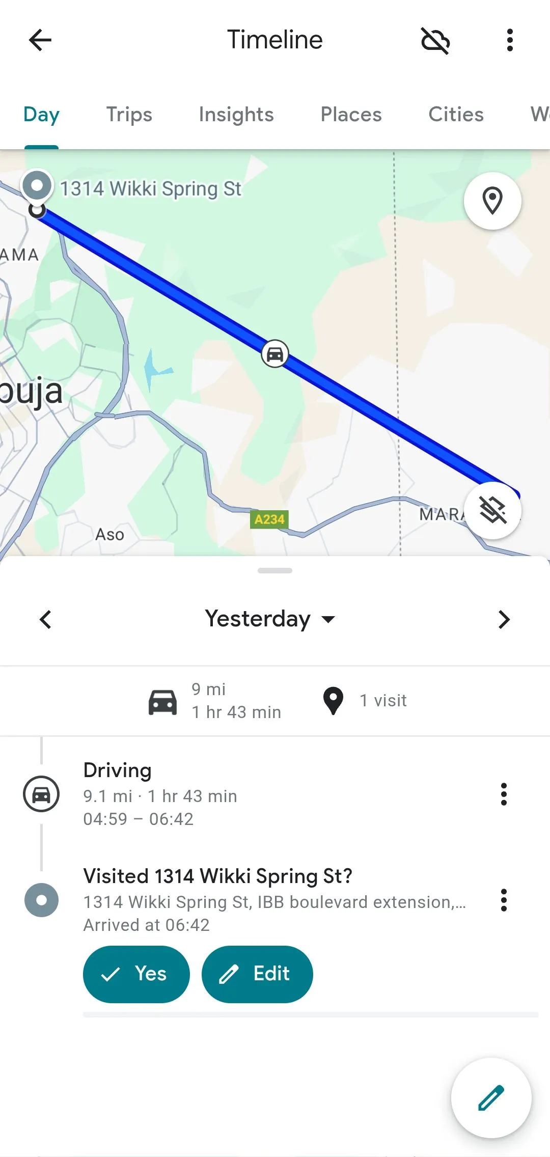 Chi tiết ghi lại hoạt động di chuyển trên Dòng thời gian của Google Maps, bao gồm thời gian và phương tiện