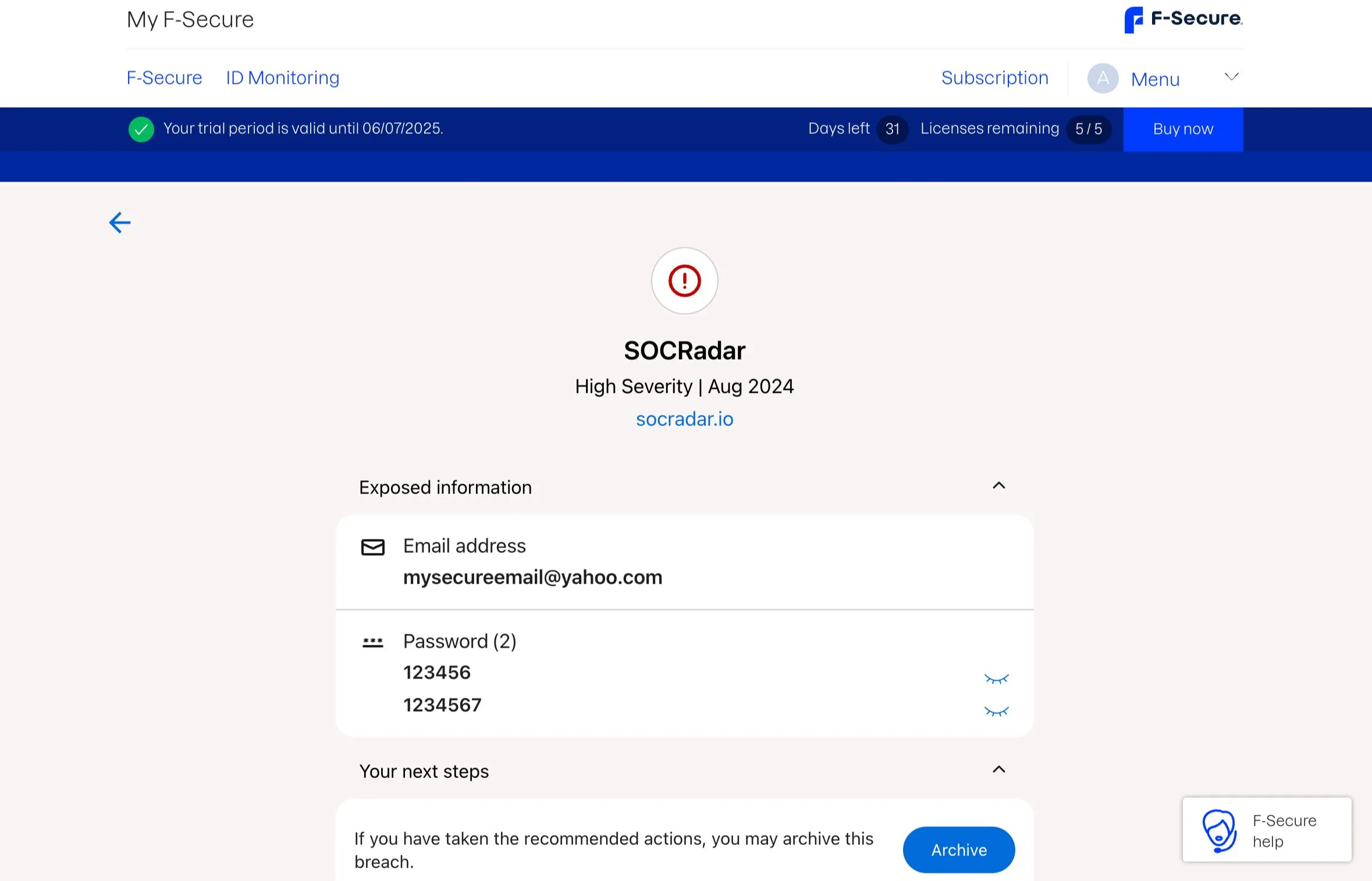 Chi tiết một vụ rò rỉ dữ liệu trên Dark Web được F-Secure ID Protection phát hiện, bao gồm loại thông tin và mức độ nghiêm trọng