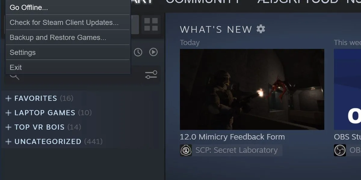 Chọn chế độ offline trong Steam để giảm tải tài nguyên