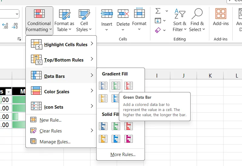 Chọn Data Bars trong Conditional Formatting của Excel để trực quan hóa dữ liệu số