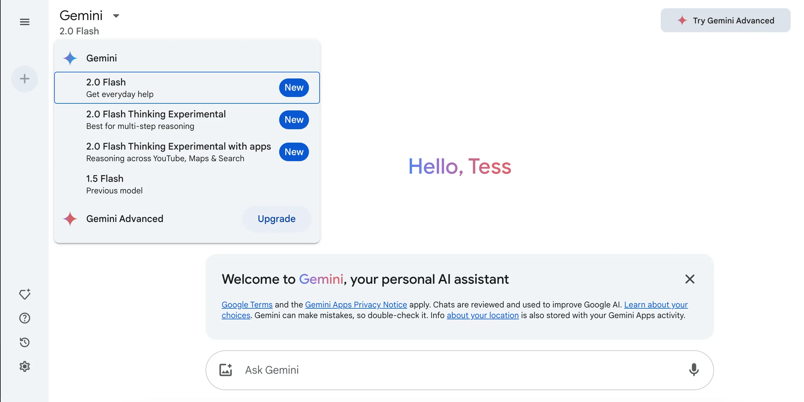 Chọn mô hình Gemini 2.0 Flash trên giao diện ứng dụng web Gemini