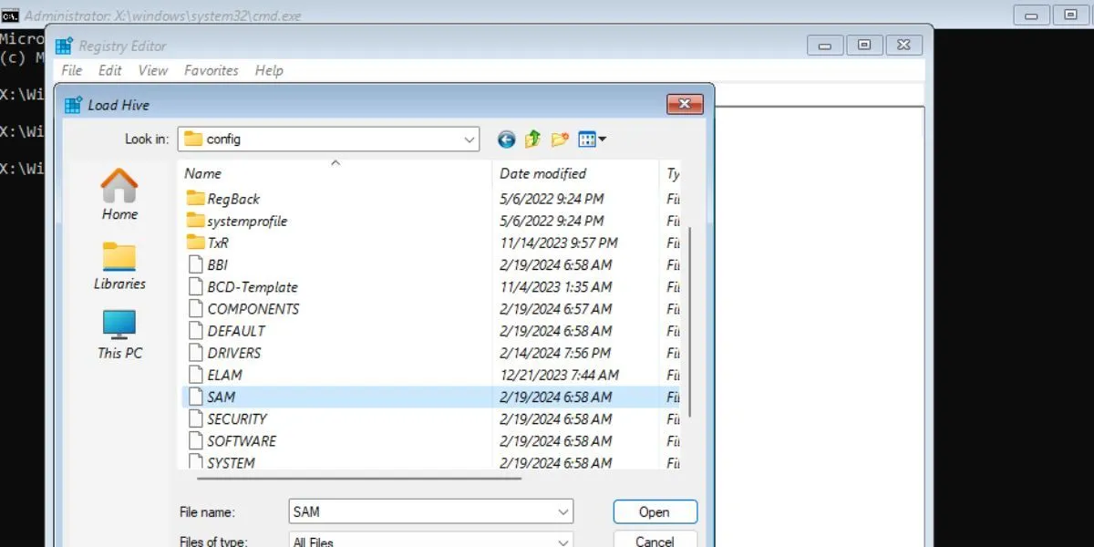 Chọn tệp SAM trong thư mục cấu hình System32 để tải Hive vào Registry Editor nhằm sửa lỗi User Profile.