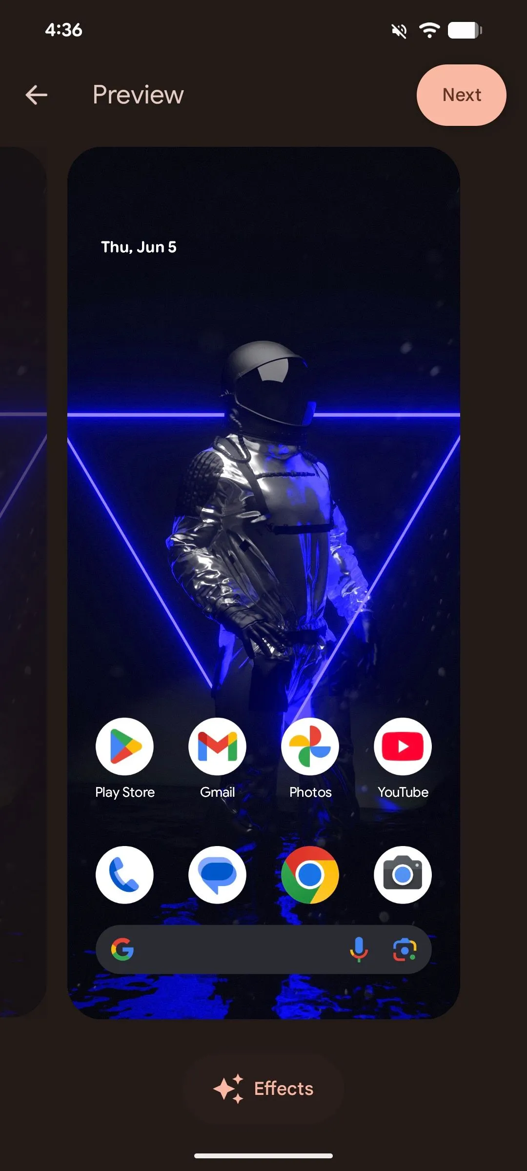 Chọn tùy chọn hiệu ứng trên màn hình xem trước hình nền Android 16.