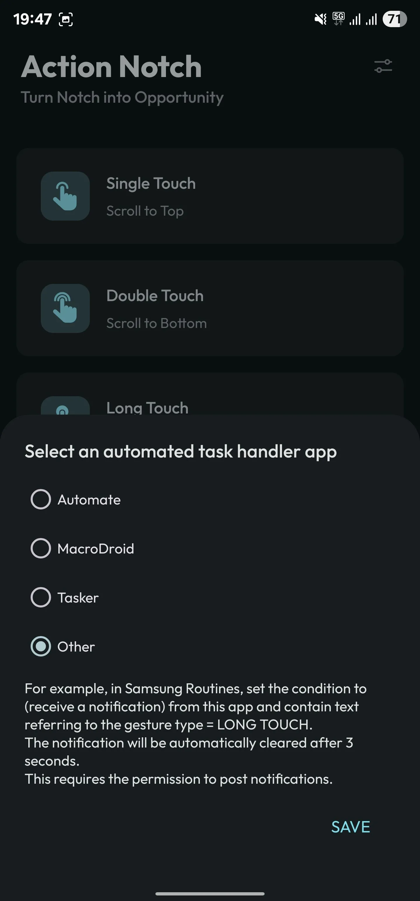 Chọn tùy chọn &quot;Other&quot; làm ứng dụng xử lý tác vụ tự động trong Action Notch để kích hoạt các Routine trên điện thoại Samsung Galaxy