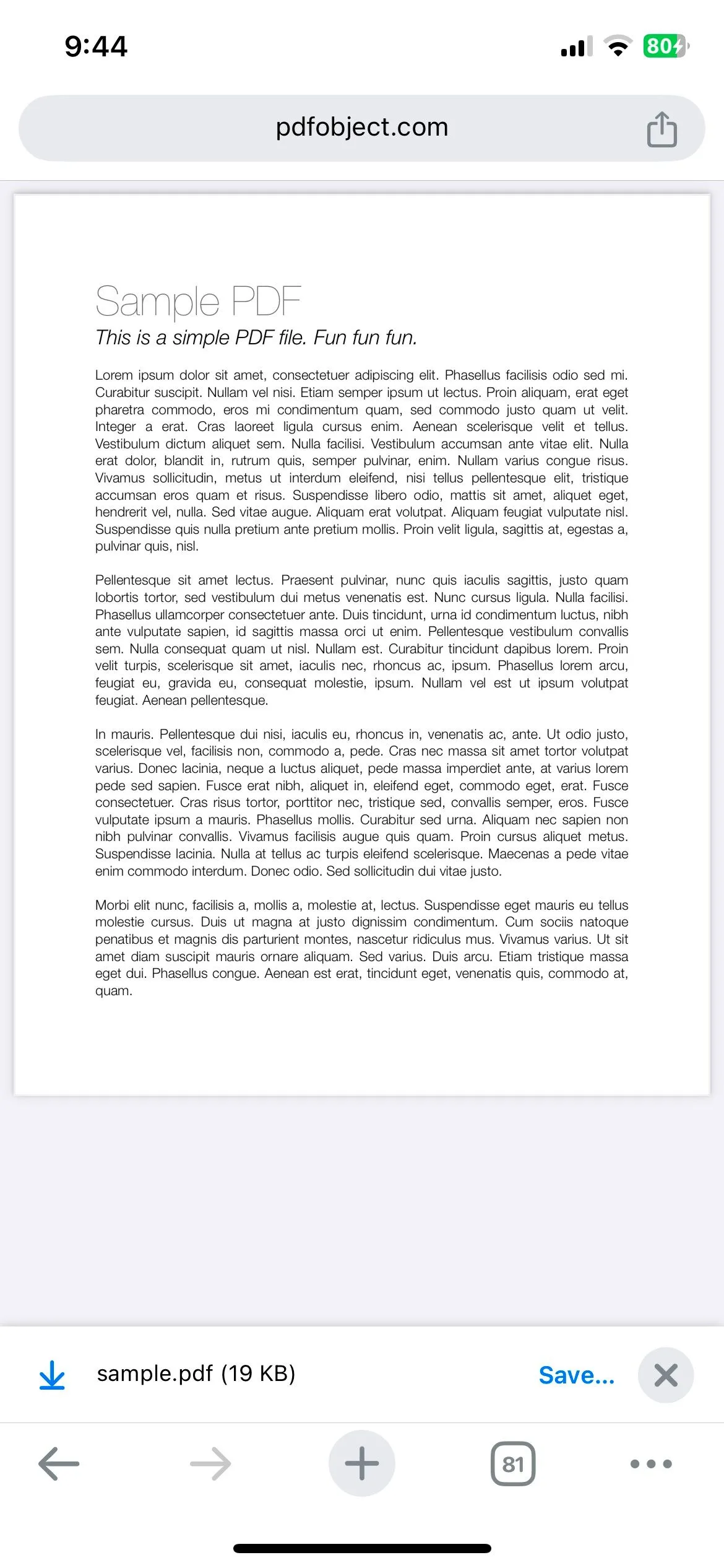 Chrome hiển thị PDF mẫu trên iPhone