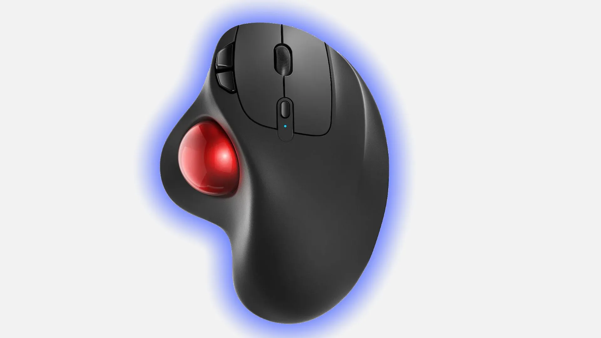 Chuột trackball Nulea M501 nhìn từ trên xuống, minh họa thiết kế công thái học giúp giảm đau cổ tay.